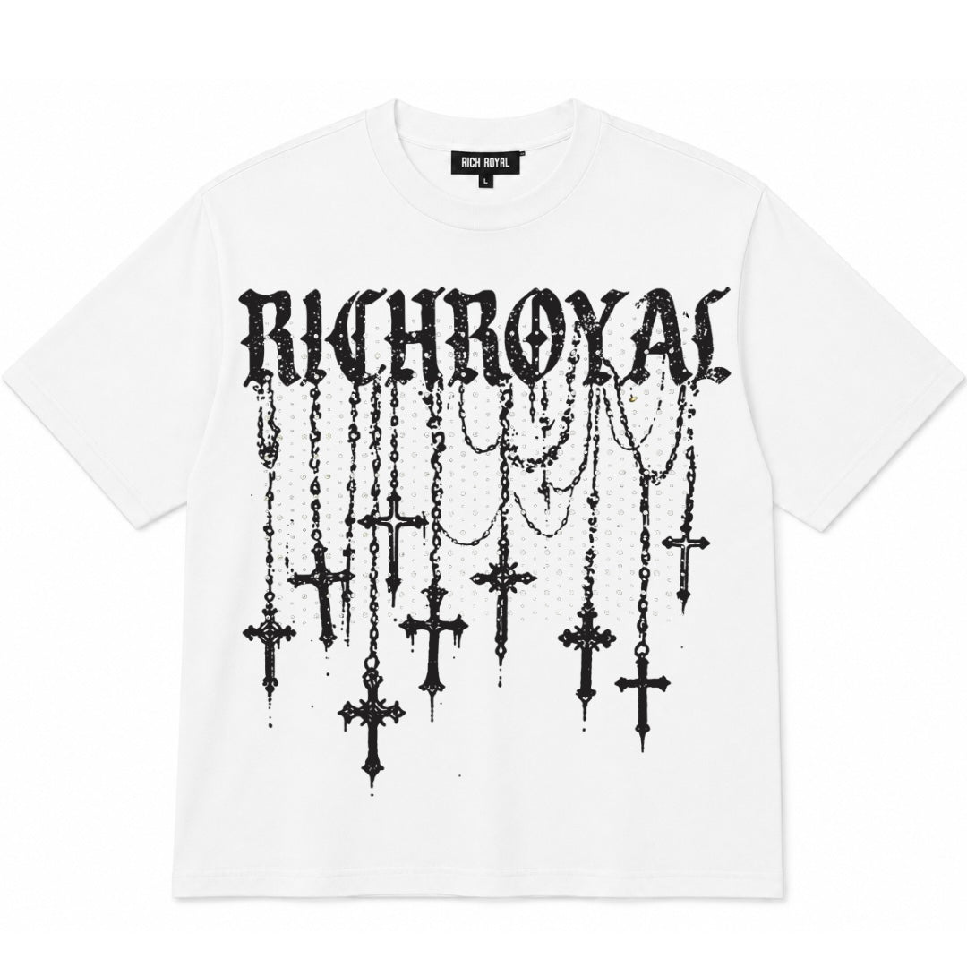 OVERSIZED: Rosary Rhinestone Tee (WHITE)