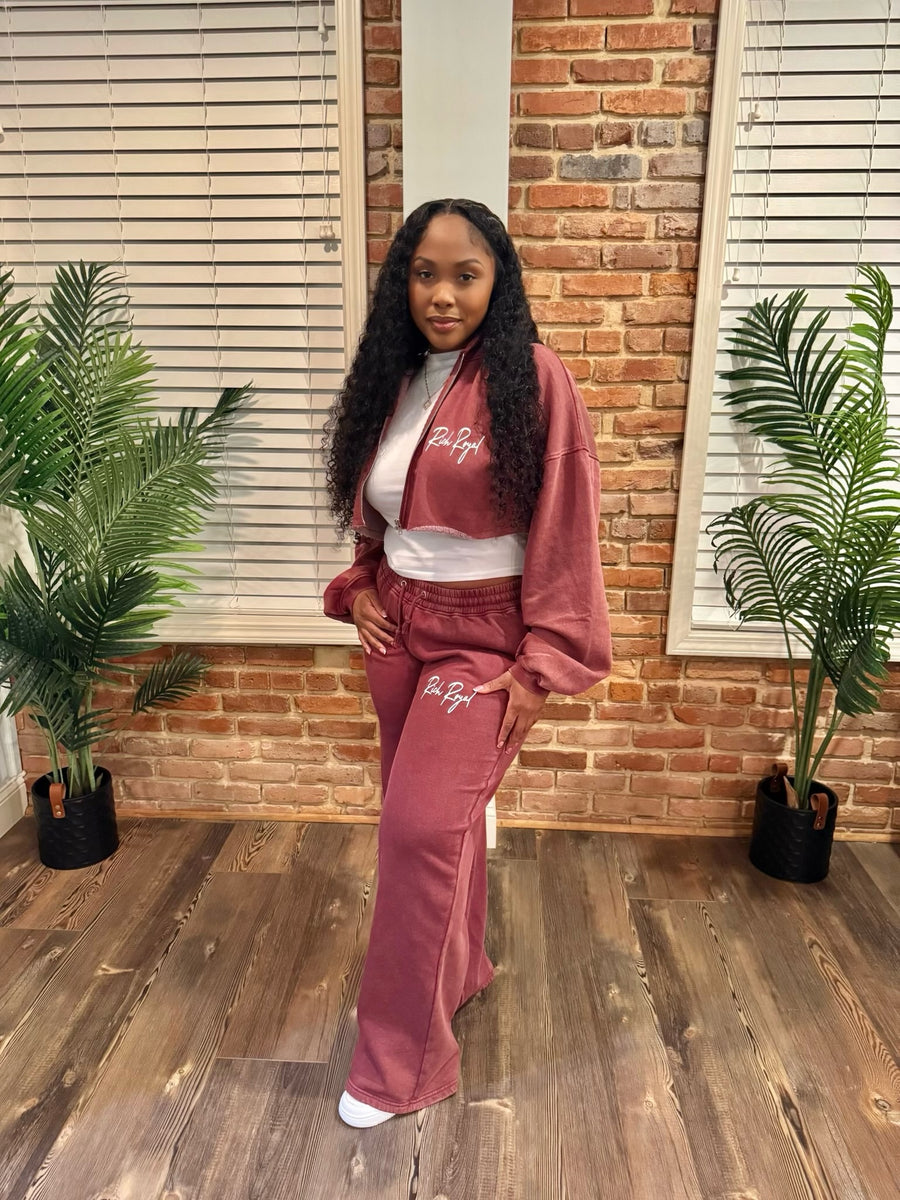 WOMEN: Crop Zip Jacket + Flare Pant Set (CRANBERRY)