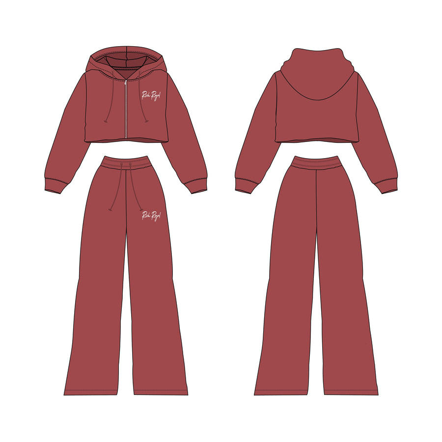 WOMEN: Crop Zip Jacket + Flare Pant Set (CRANBERRY)